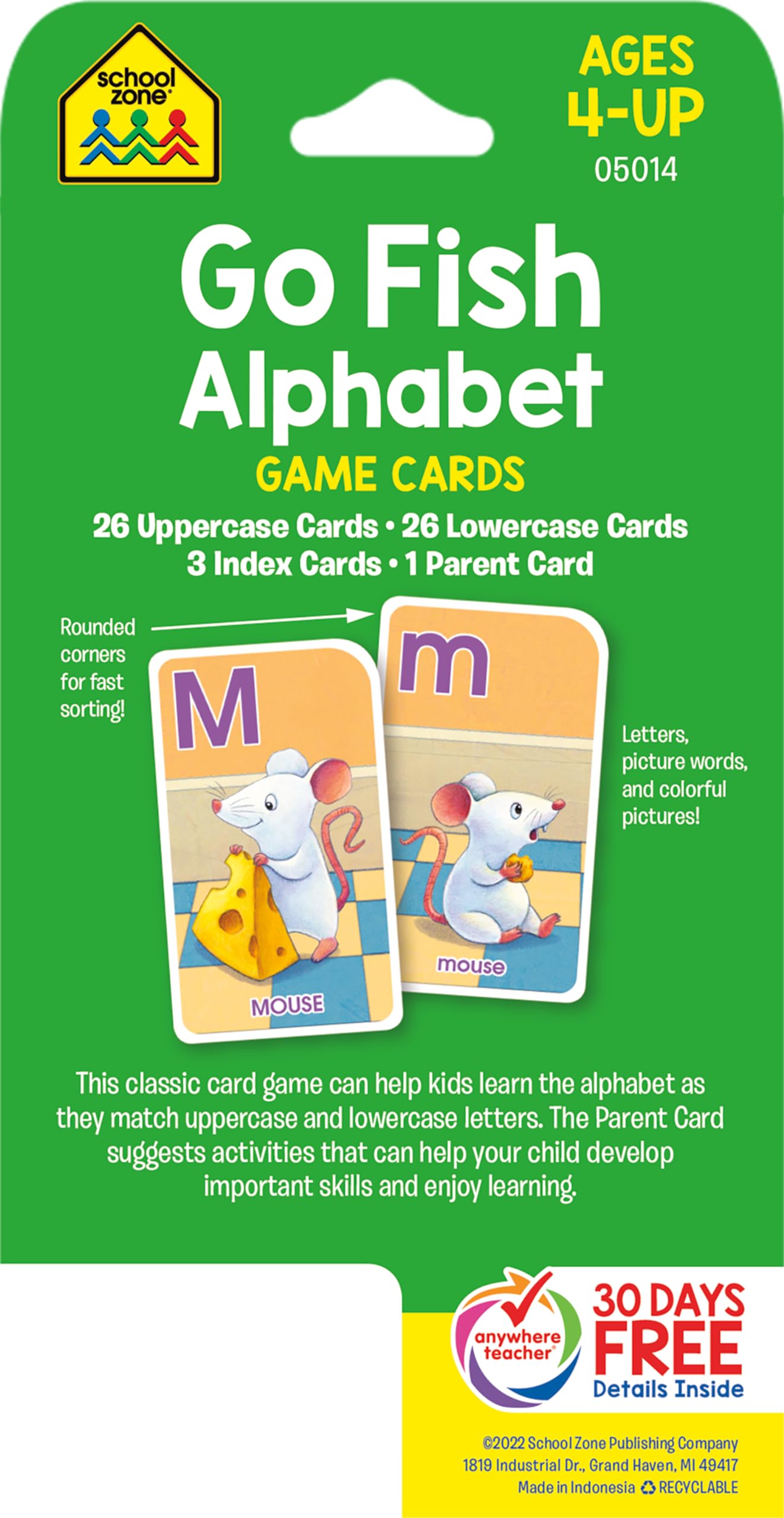 School Zone Go Fish Alphabet Game Cards: Preschool, Kindergarten, 1st Grade, ABC's, Matching, Uppercase and Lowercase Letters, Word-Picture Recognition, Animals, Ages 4+, Packaging May Vary 