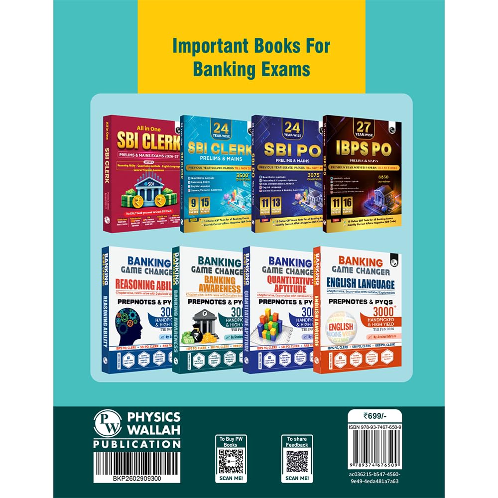 PW All in One IBPS Clerk 2026 Book Prelims & Mains Exams | Chapterwise Theory and Exercises | 12 Previous Year Solved Papers PYQ Till Oct 2025 and 15 Online CBT Tests English Edition