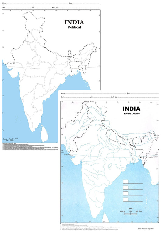 India Political & India Rivers (50 Nos Each) Outline map | A4 Size (100 maps) | Multipurpose map For School/College Assignments/Projects/Practical Paper Print