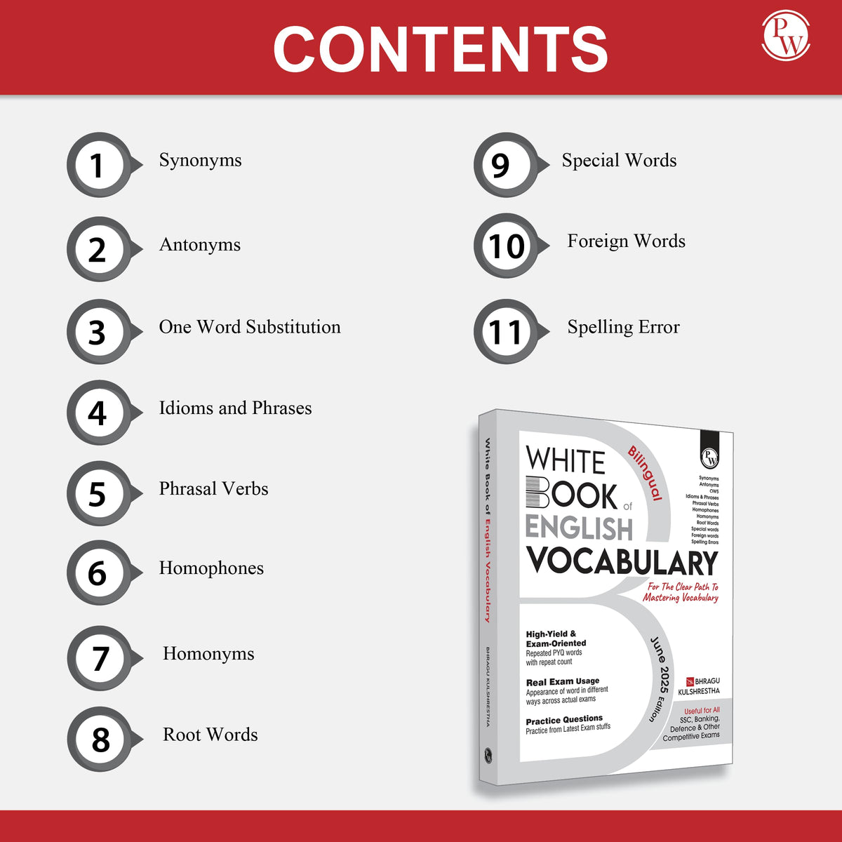 PW White Book of English Vocabulary June 2025 Edition By Bhragu Sir For SSC CGL, CHSL, MTS, CPO, GD, Banking, Defence, Teaching & Other Competitive Exams (Bilingual) [Paperback] Bhragu Kulshrestha