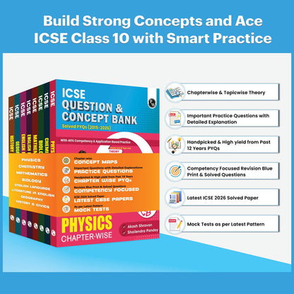 PW Class 10 ICSE Question & Concept Bank 2027 Physics, Chemistry, Maths, Biology, English Paper 1 (Language), English Paper 2 (Literature), Geography, History and Civics Combo Set of 8 Books
