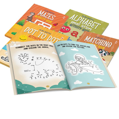 Brain Booster Activity Book Set (Set of 10 books) (Colourful Pages) - 3 Years to 5 Years Old - Learn and Practice ABC Capital and Small Letters, Mazes, Spot the Difference, Pencil Control, Dot to Dot, Mathematics - Fun Early Learning