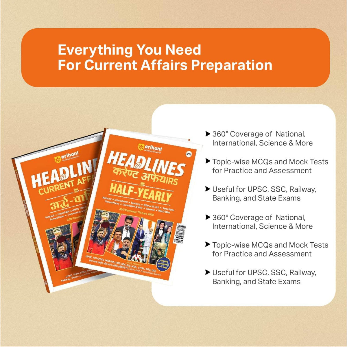 Arihant Headlines Speedy Current Affairs Half-Yearly 2026 (January-June) | National & International Events, Acts & Who's Who | One-Liners, Infographics | For UPSC, SSC, Banking, Railway & State Exams