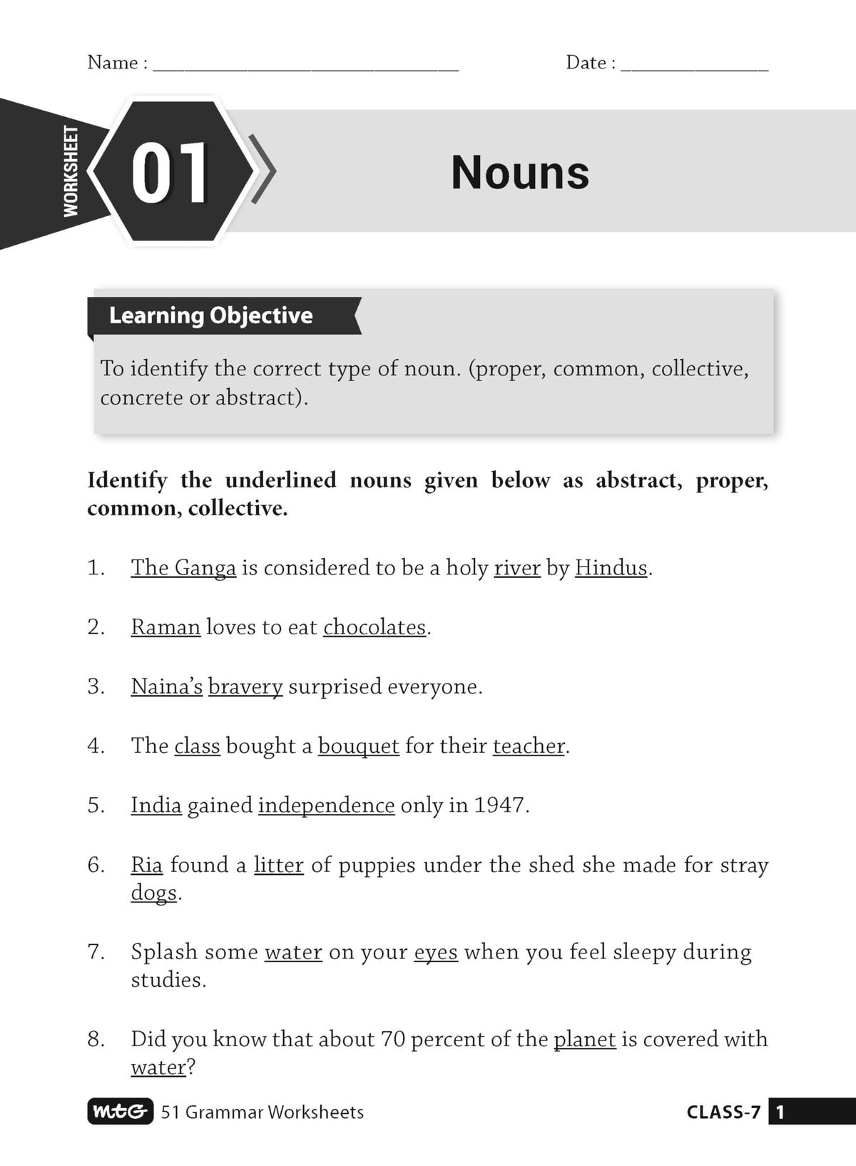 MTG 51 English Grammar Worksheets Class 7 – Grammar Work books to practice English concepts in interactive way (Based on CBSE/NCERT)