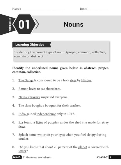 MTG 51 English Grammar Worksheets Class 7 – Grammar Work books to practice English concepts in interactive way (Based on CBSE/NCERT)