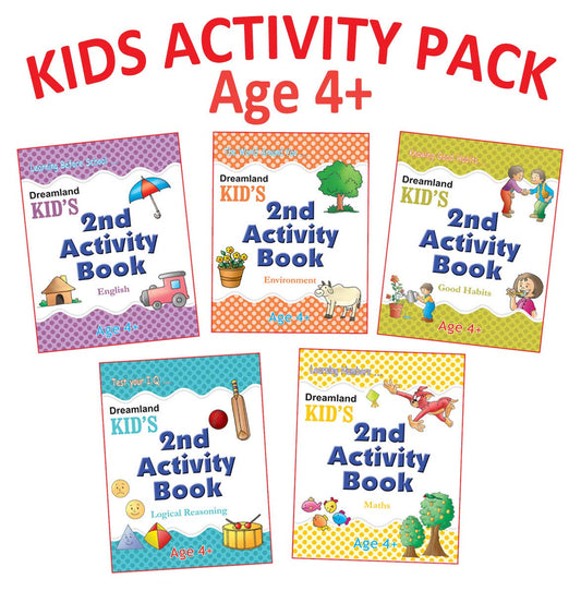 Kid's Activity Age 4+ - Pack (5 Titles- English  Maths  Environment  Good Habits  Logical Reasoning) by Dreamland Publications (Author) book cover