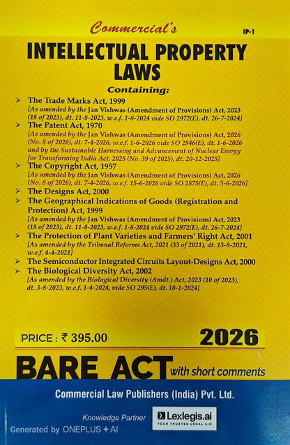 INTELLECTUAL PROPERTY LAWS | Containing Trade Marks Act, Copyright Act, Patents Act, Designs Act & Allied Laws | Bare Act with Comments | Edition 2026