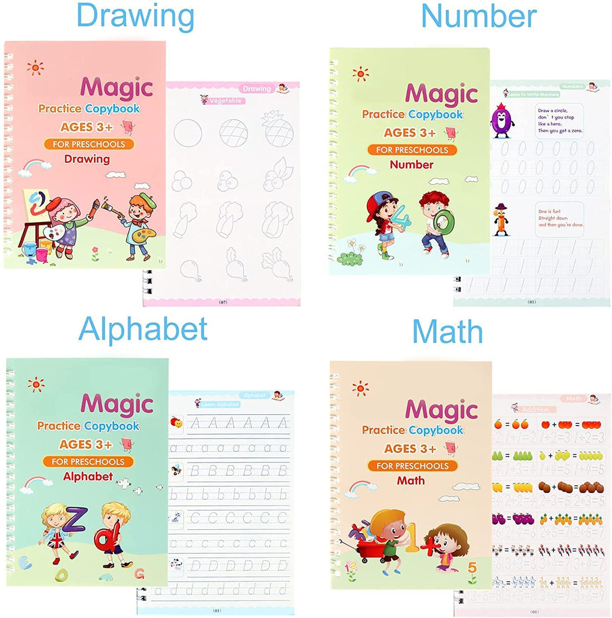 ZOQWEID Magic Practice Copybook (4 BOOK + 1 pen + 10 REFILL) Number Tracing Book for Preschoolers with Pen, Magic Calligraphy Copybook Set(19*13 CM) 2026: ENGLISH