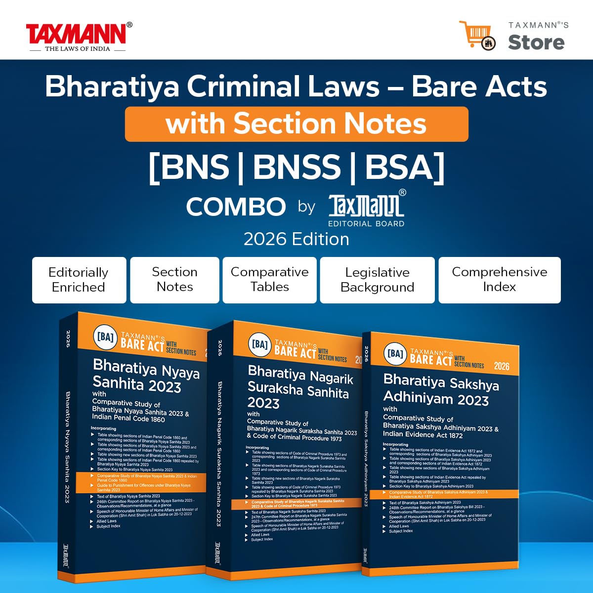 Taxmann's Bharatiya Criminal Laws – Bare Acts with Section Notes COMBO [BNS | BNSS | BSA] – Editorially Enriched | Practice-ready Reference—Far Beyond Conventional Bare Acts | Set of 3 Books