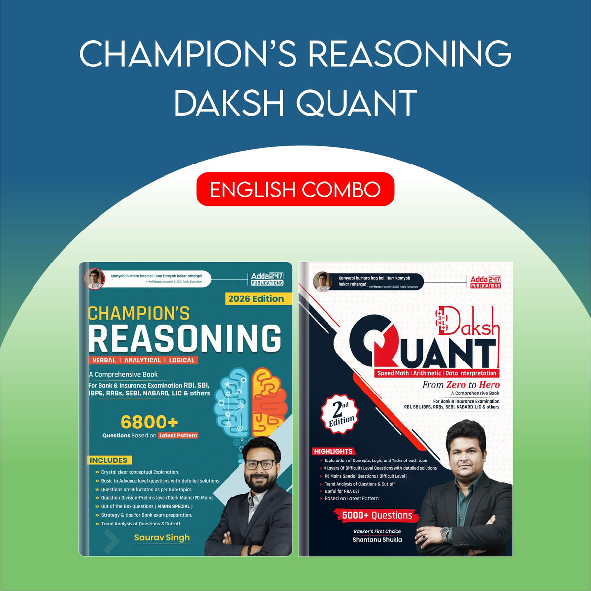 Set of 2 Daksh Quantitative Aptitude 2'0 by Shantanu Shukla | Math| Data Interpretation and Champion Reasoning 3.0 For RBI | SBI | IBPS | RRB | SSC | ... exams (English Printed Edition) By Adda247