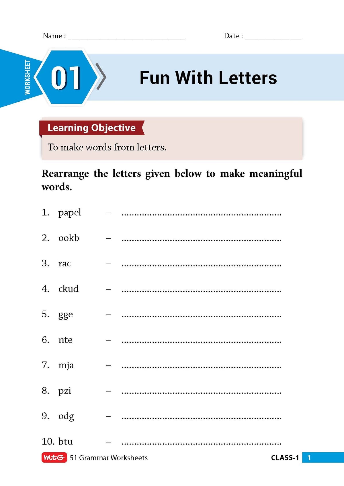 MTG 51 English Grammar Worksheets Class 1 – Grammar Work books to practice English concepts in interactive way (Based on CBSE/NCERT)