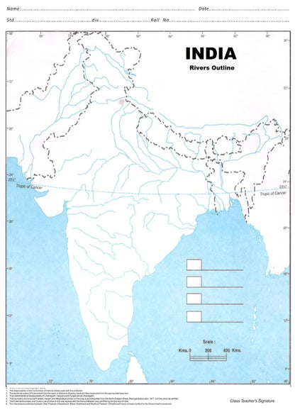 India Rivers (100 Nos) Outline map | A4 Size (100 maps) | Multipurpose map For School/College Assignments/Projects/ Practical