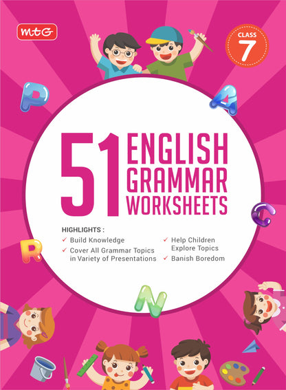 MTG 51 English Grammar Worksheets Class 7 – Grammar Work books to practice English concepts in interactive way (Based on CBSE/NCERT)