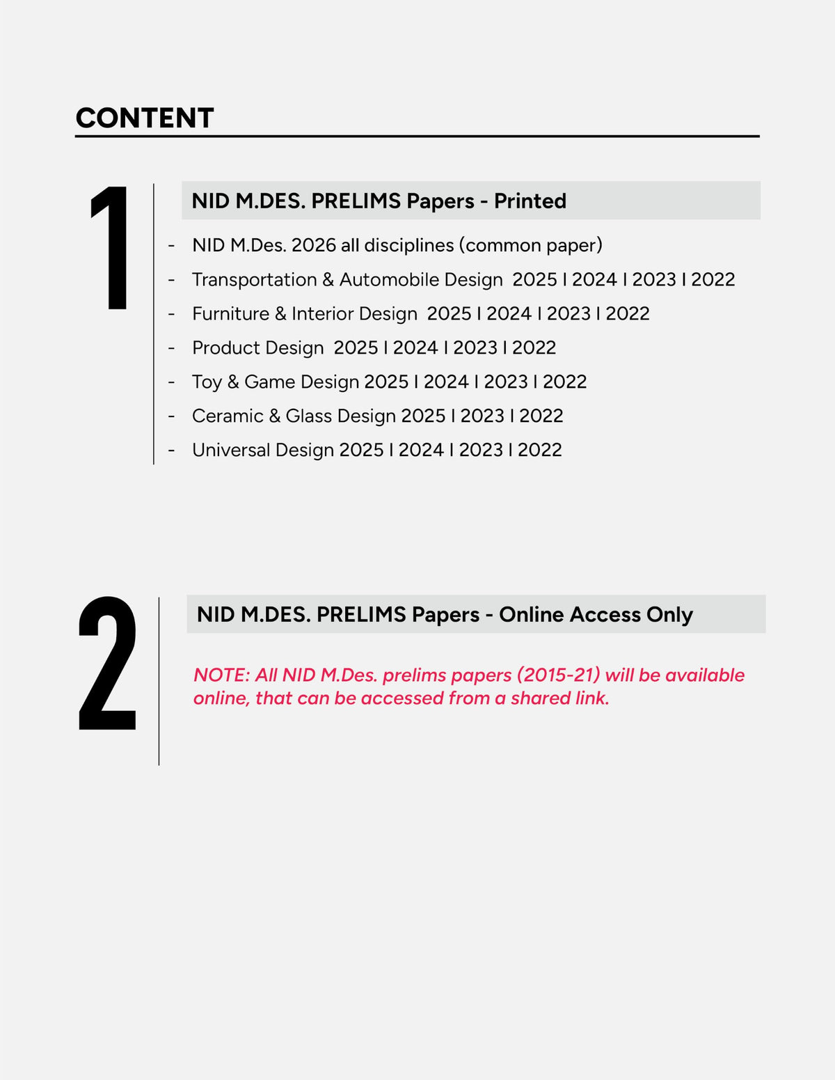NID M.Des. Previous Year Papers (2026-2015) Prelims | ONLY Industrial Design Faculty all disciplines | 5 years printed(2026-2022) + 7 years online access(2021-2015)
