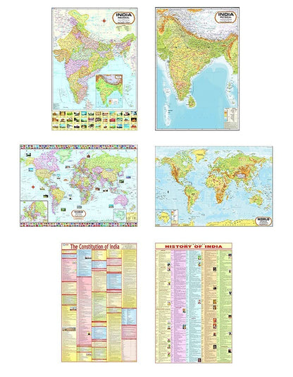 India & World Map ( Both Political & Physical ) with Constitution of India and History of India Chart | LAMINATED SET OF 6 Maps & Charts | Useful for UPSC, SSC, IES and other competitive exams