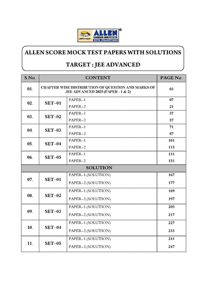 ALLEN Score 10 Test Papers with Solutions (Paper 1 & 2) for JEE Advanced in English Physics, Chemistry & Mathematics Mock Test papers