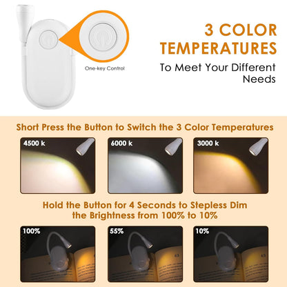 Clip-On LED Book Reading Lamp – 3 Modes, Eye-Caring, Portable (White)