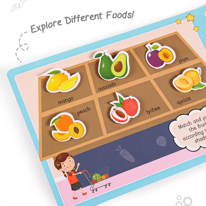 Intelliskills Premium Pick N' Stick Food Montessori Activity Busy Book with Reusable Stickers|Early Learning Activity Book for 2+Years Old|Sticker Book For Kids|Best Birthday Gift for Children|English