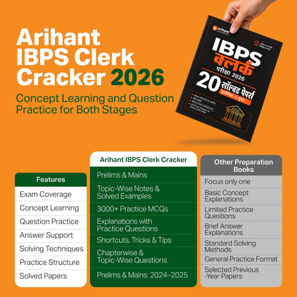 Arihant IBPS Clerk Exam 2026 | 20 Solved Papers for Prelims & Mains | Based on Latest Exam Pattern | Smart Strategy & Alternate Methods | Chapterwise Questions with Difficulty Levels