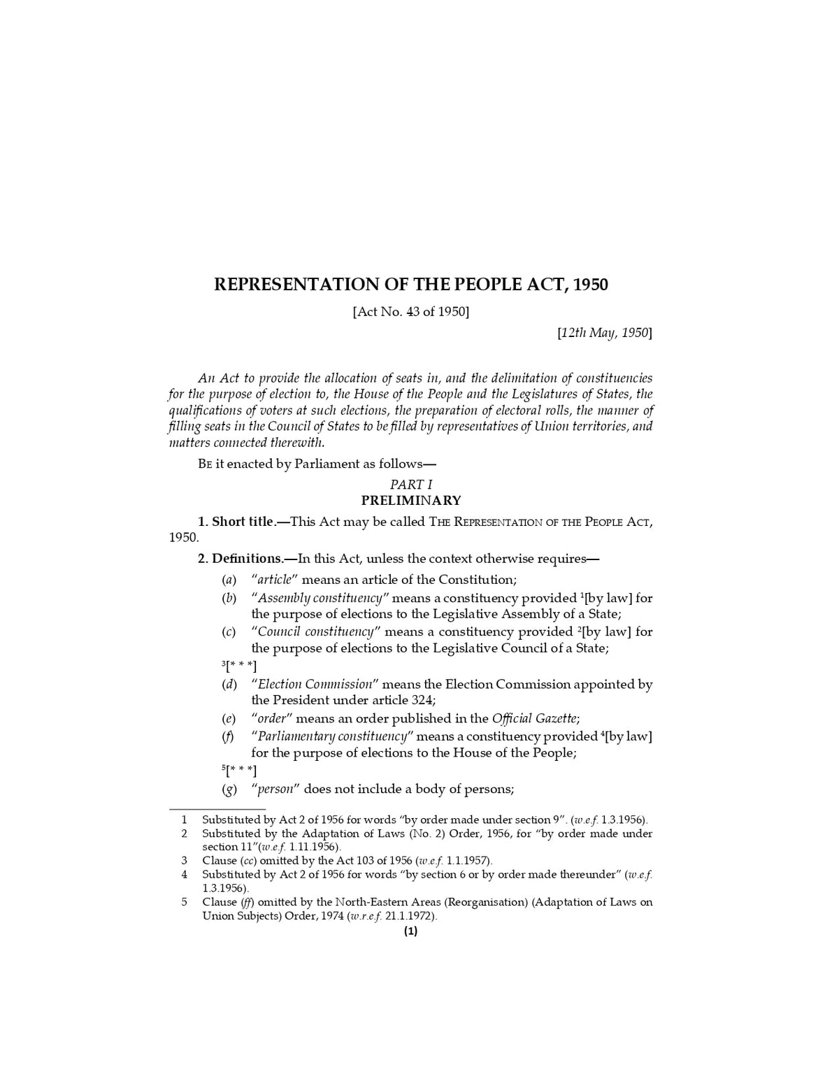 Lawmann's Representation of the People Act, 1950 | Bare Act with Comments