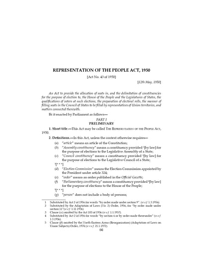 Lawmann's Representation of the People Act, 1950 | Bare Act with Comments
