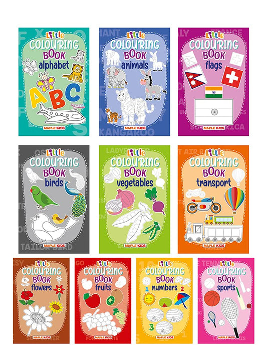 Little Colouring Books for Kids (Set of 10 Books) - Gift to children for painting  drawing and colouring - Alphabets  Animals  Birds  Flags  Flowers  ... Transport  Vegetables - 3 to 6 years old by Maple Press book cover