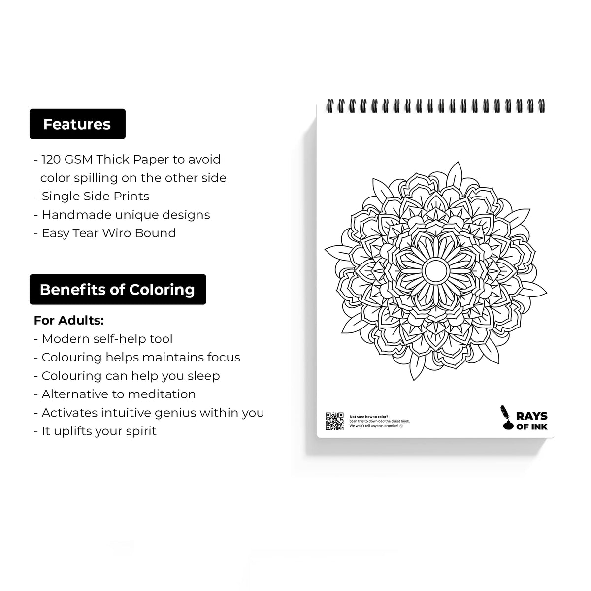 Rays Of Ink Mandala Coloring Book Combo For Young and Adults | Ideal For Stress Relieving, Relaxing & Meditation | Enhances Fine Motor Skills| 120 GSM Thick Paper | Set of 2 (Beginner and Advanced)