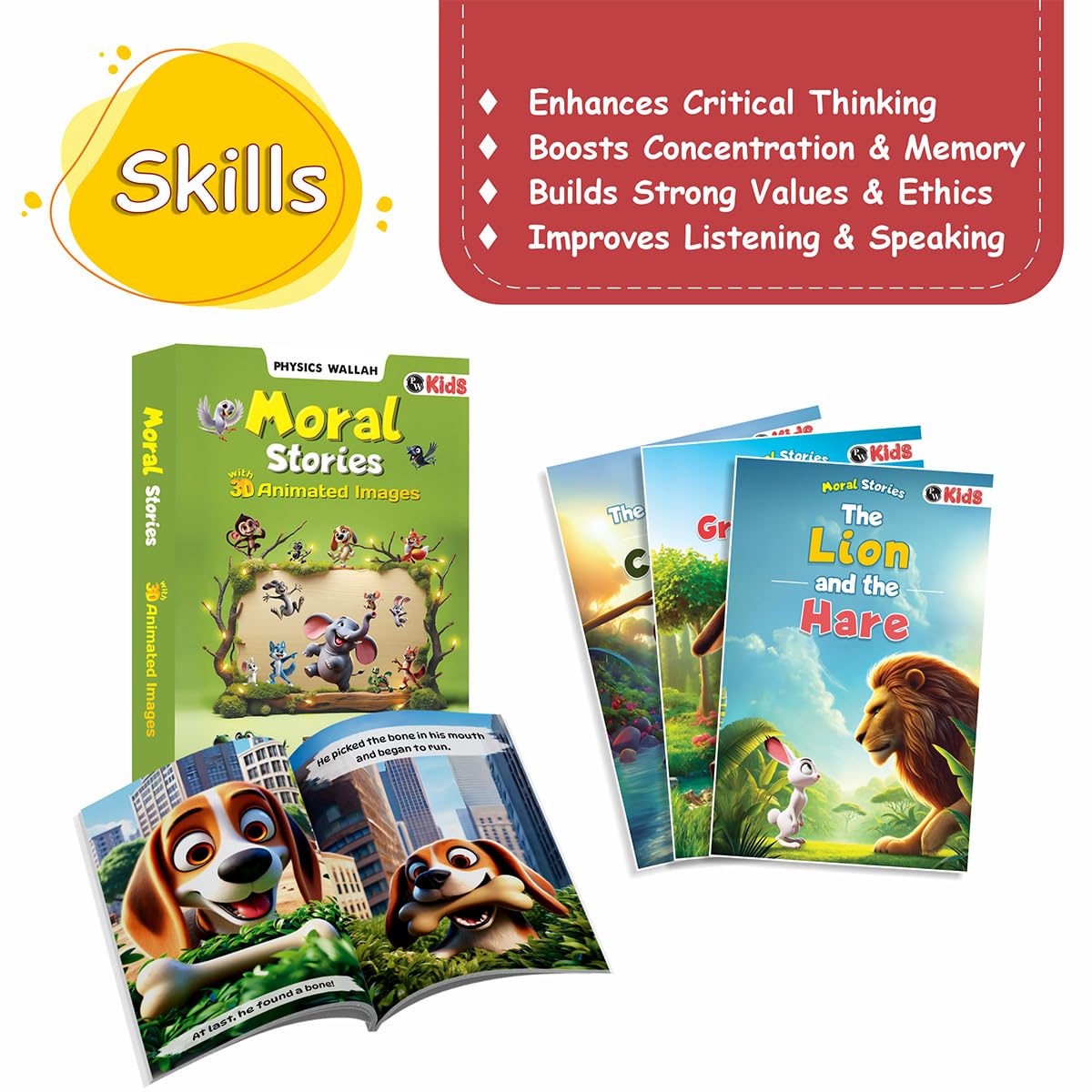 Set of 10 Moral Story Books for Kids, Short Illustrated Bedtime Stories with 3D Animated Images, Read-Aloud Story Books for 3-6 Years