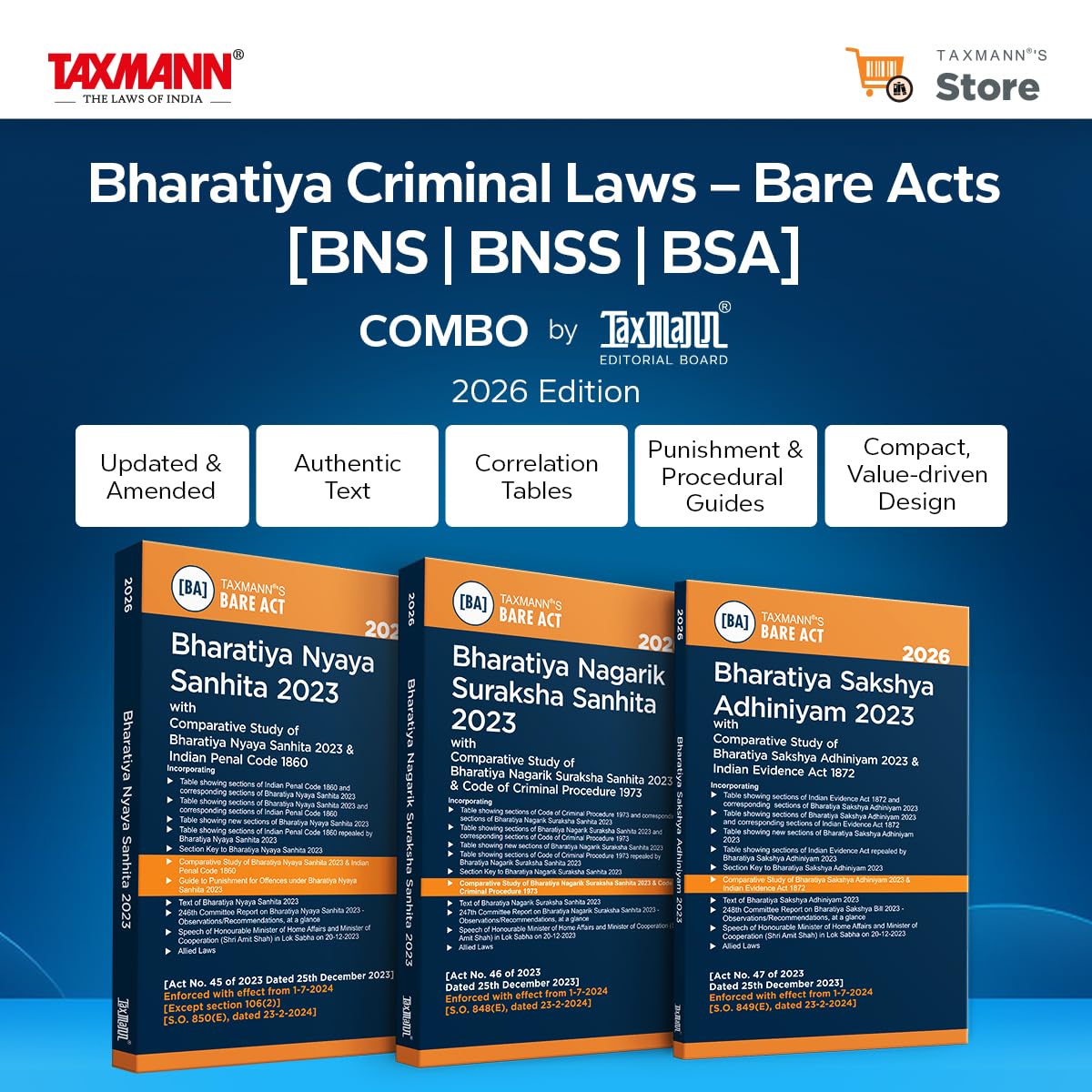 Taxmann's Bharatiya Criminal Laws – Bare Acts COMBO [BNS | BNSS | BSA] – Presenting the Complete | Updated Texts with Comparative Tools | Legislative Aids | Set of 3 Books