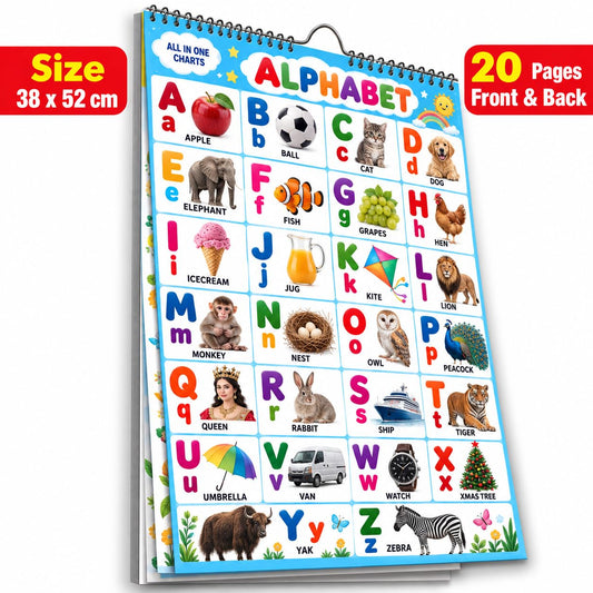 All in One English ABCD Chart For Kids (20 Charts ) 38 x 52 cm - Children Spiral Wall Picture Chart Including Alphabet Charts for kids learning 2 + ... | Return gift for birthday party for kids