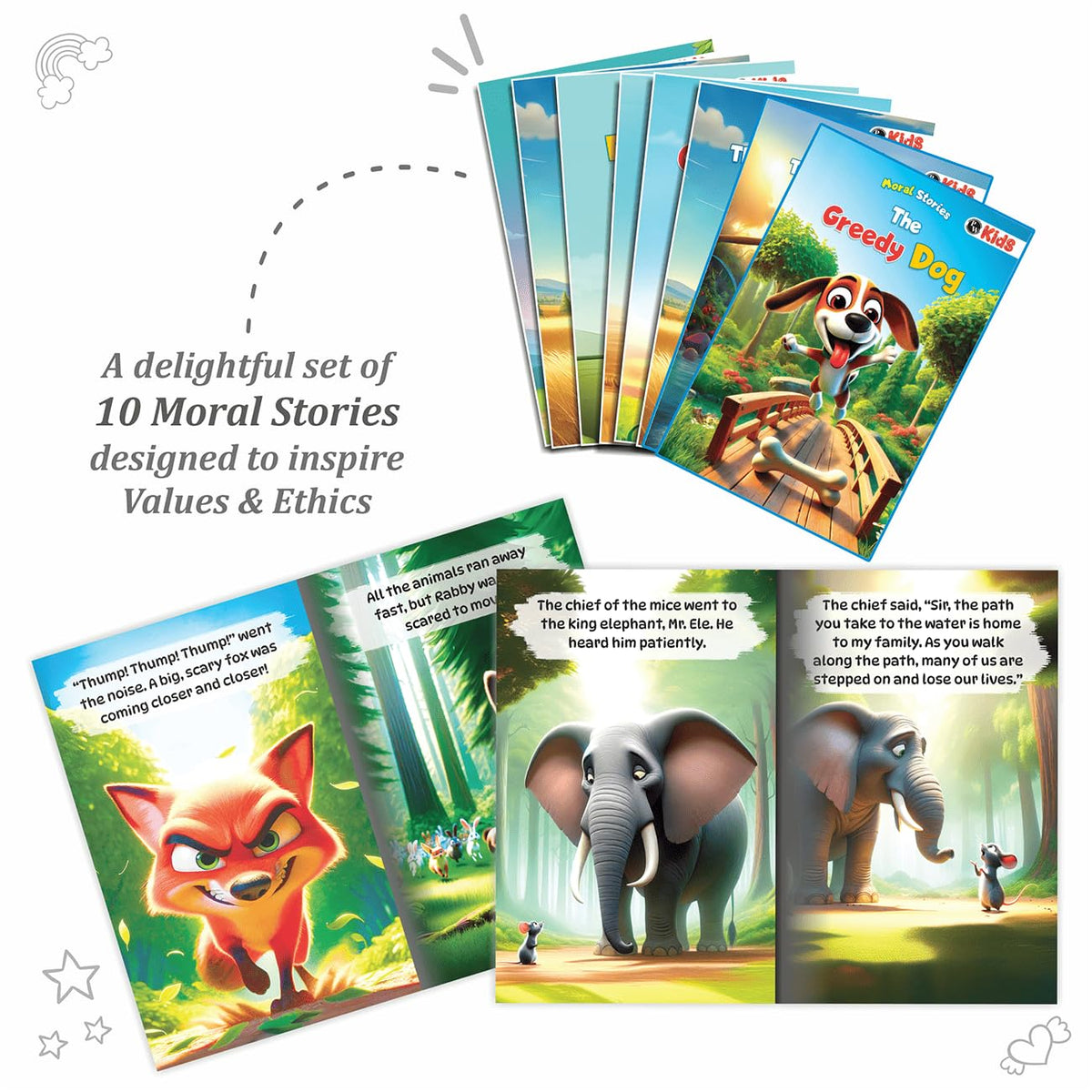 Set of 10 Moral Story Book for Kids with 100+ Activities Book, Short Illustrated Stories with 3D Animated Images, Story Book for Kids 3-5 Years