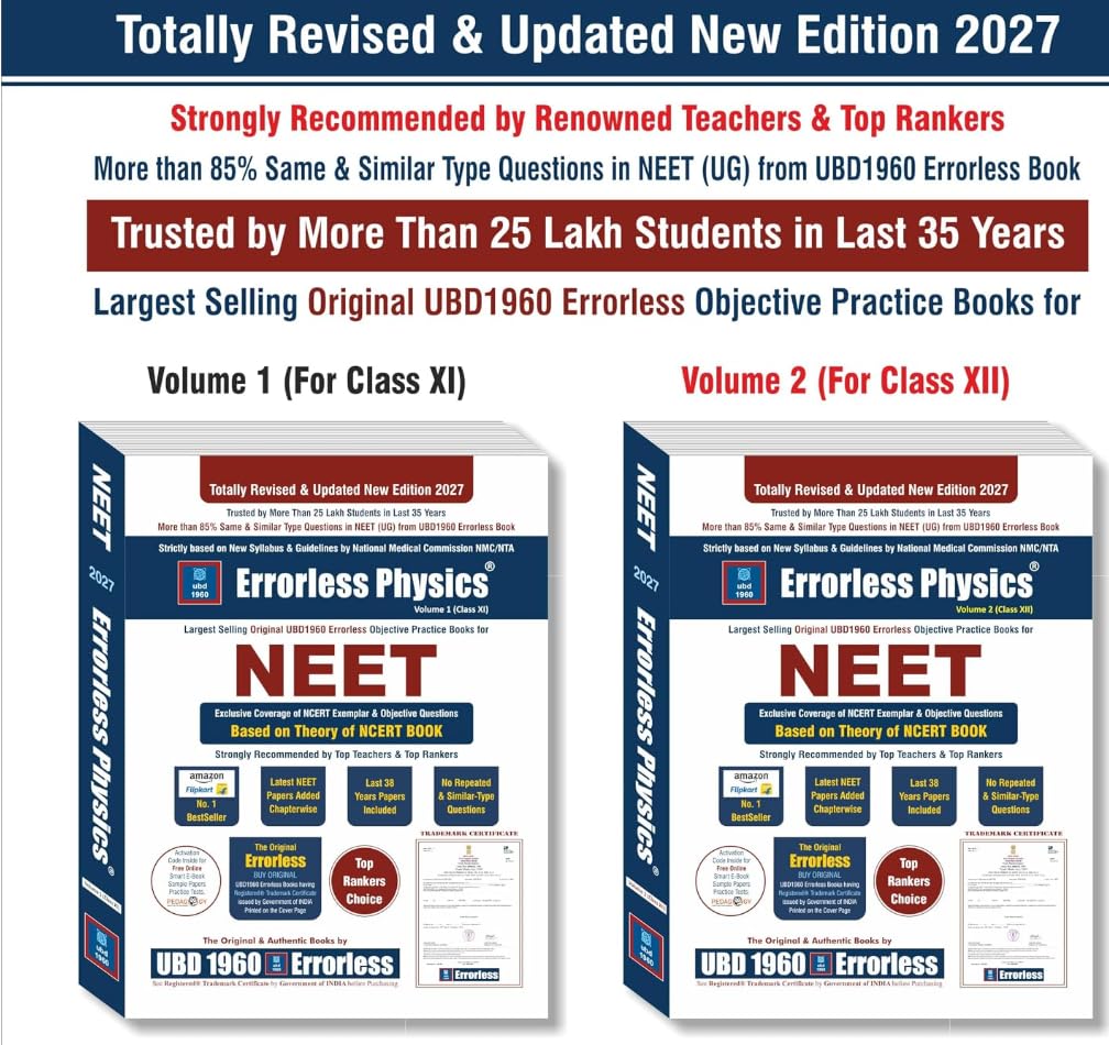 UBD1960 Errorless Physics for NEET as per NMC (Paperback+Smart E-book)Updated New Edition 2027 (2 volumes) Original Errorless Self Scorer Book with Trademark Certificate