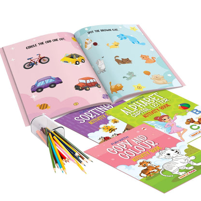 Brain Booster Activity Book Set (Set of 10 books) (Colourful Pages) - 3 Years to 5 Years Old - Learn and Practice ABC Capital and Small Letters, Mazes, Spot the Difference, Pencil Control, Dot to Dot, Mathematics - Fun Early Learning