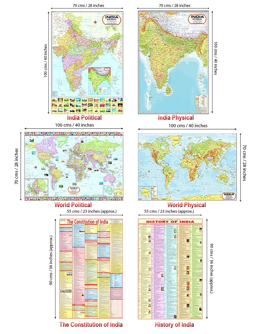 India & World Map ( Both Political & Physical ) with Constitution of India and History of India Chart | LAMINATED SET OF 6 Maps & Charts | Useful for UPSC, SSC, IES and other competitive exams