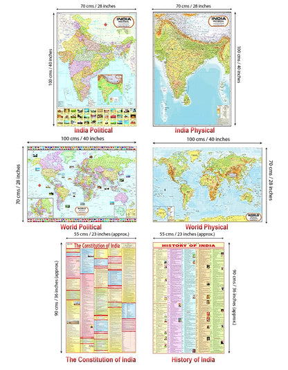 India & World Map ( Both Political & Physical ) with Constitution of India and History of India Chart | LAMINATED SET OF 6 Maps & Charts | Useful for UPSC, SSC, IES and other competitive exams