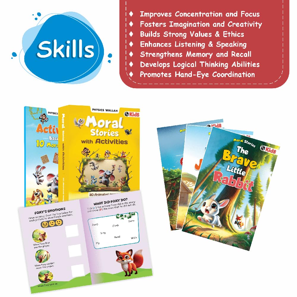 Set of 10 Moral Story Book for Kids with 100+ Activities Book, Short Illustrated Stories with 3D Animated Images, Story Book for Kids 3-5 Years