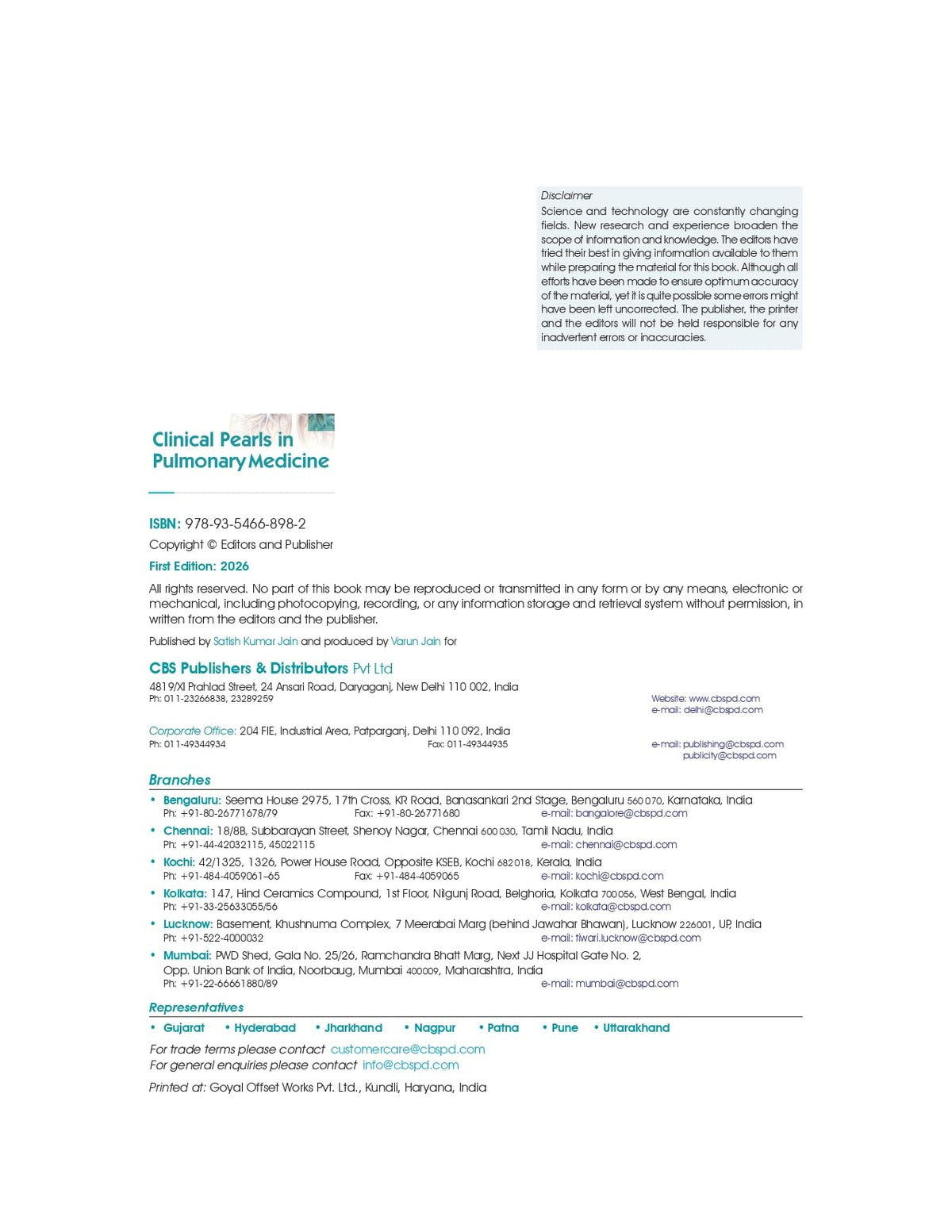 Clinical Pearls In Pulmonary Medicine (Hb 2026)