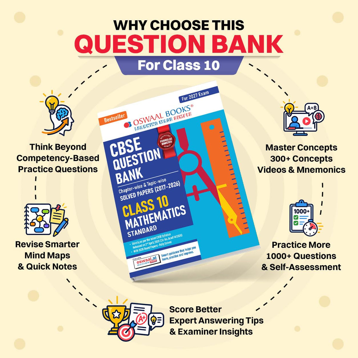 Oswaal CBSE Class 10 Mathematics (Standard) Question Bank | Chapter & Topic-wise Solved Papers (2017-2026) | Based on Latest Syllabus (April 2026) | ... Papers | For 2027 Exam (CBSE Question Papers)
