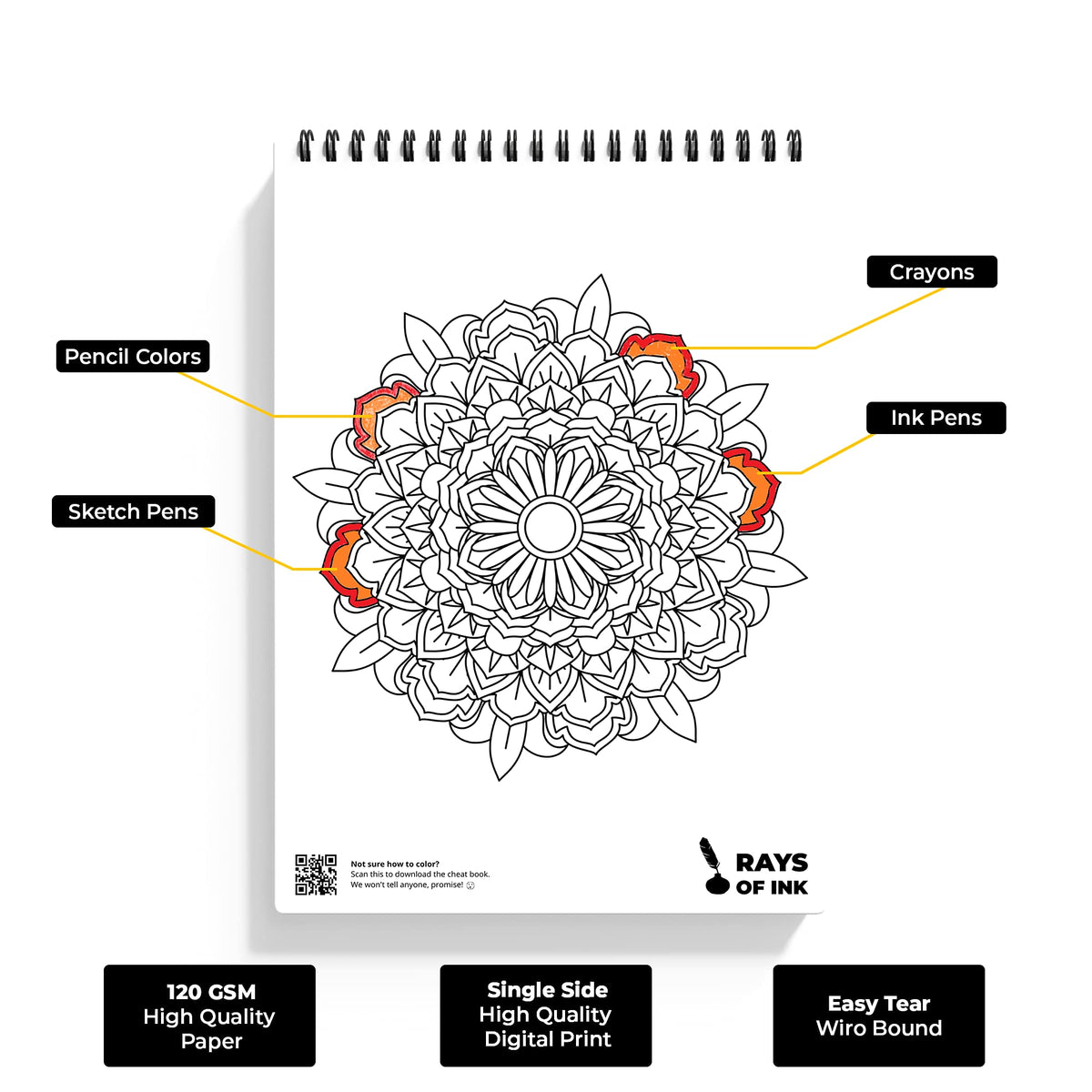 Rays Of Ink Mandala Coloring Book Combo For Young and Adults | Ideal For Stress Relieving, Relaxing & Meditation | Enhances Fine Motor Skills| 120 GSM Thick Paper | Set of 2 (Beginner and Advanced)