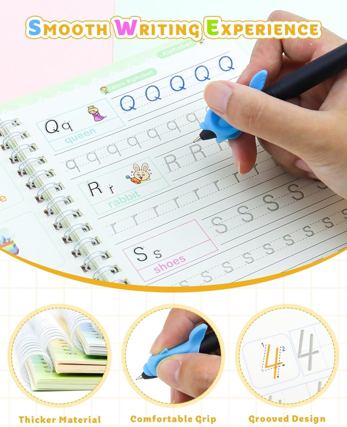 QOZWEID Magic Calligraphy, Homeschool Supplies, Preschool workbook, Numbers & English & Drawing & Mathematics Auto Fade Pen & 4 Books - 10 Riffile 1 Grip 1 pen (model -2026) size 19x3 cm