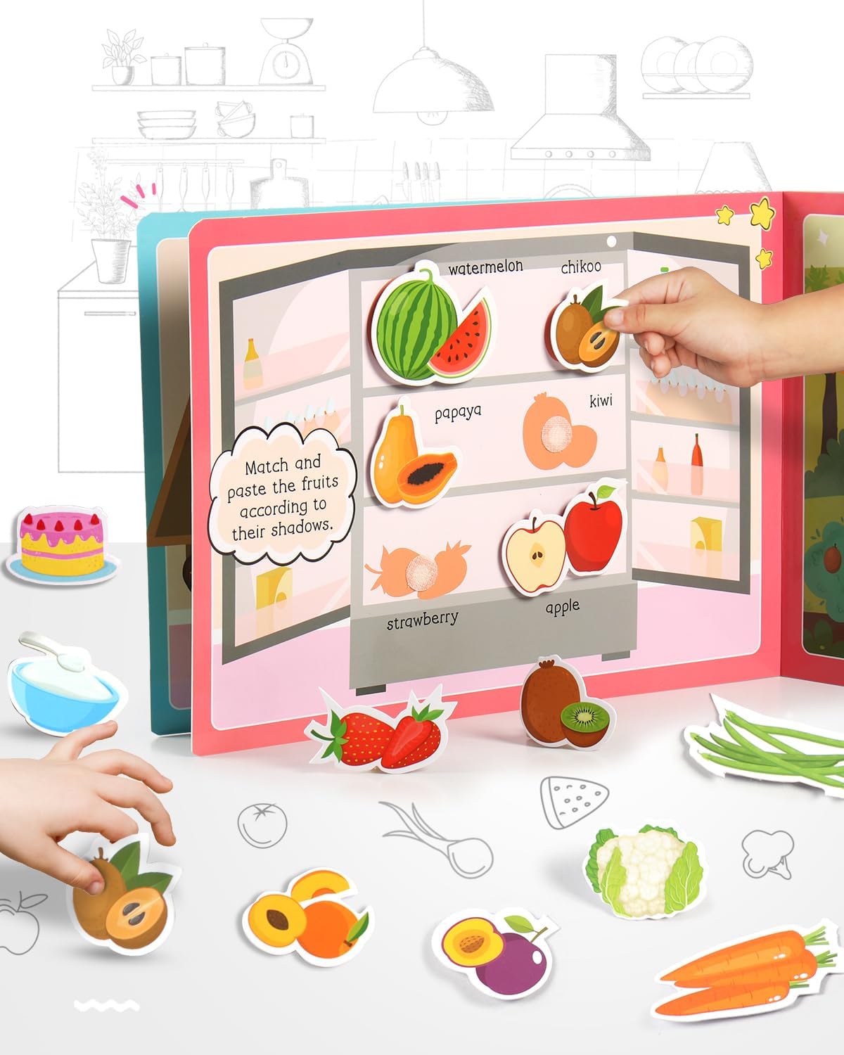 Intelliskills Premium Pick N' Stick Food Montessori Activity Busy Book with Reusable Stickers|Early Learning Activity Book for 2+Years Old|Sticker Book For Kids|Best Birthday Gift for Children|English