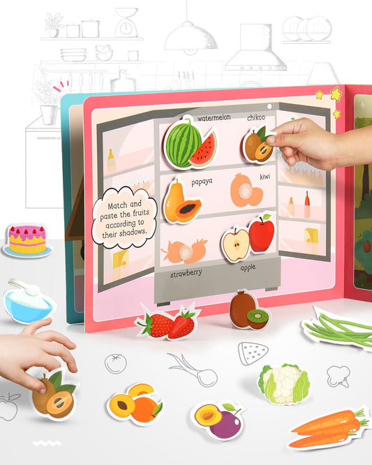 Intelliskills Premium Pick N' Stick Food Montessori Activity Busy Book with Reusable Stickers|Early Learning Activity Book for 2+Years Old|Sticker Book For Kids|Best Birthday Gift for Children|English