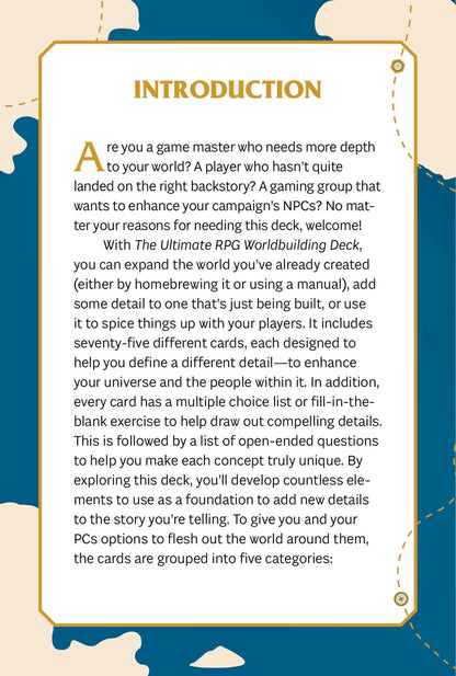 The Ultimate RPG Worldbuilding Deck: 75 Cards to Create and Customize Your Own Game World (Ultimate Role Playing Game)