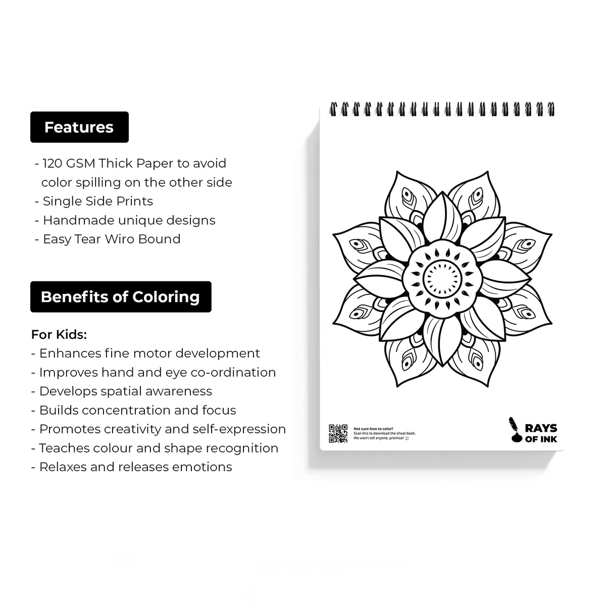 Rays Of Ink Mandala Coloring Book For Young Adults | Enhances Fine Motor Skills & Keeps You Engaged | 120 GSM Thick Paper