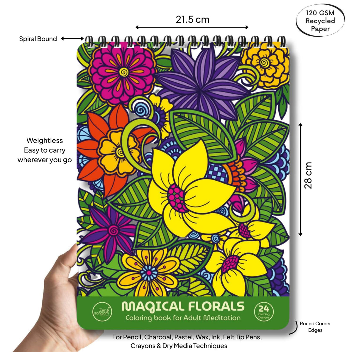 Zen Sangam - Magical Floral Doodle Illustrations Adults Coloring Book - 24 Unique Designs