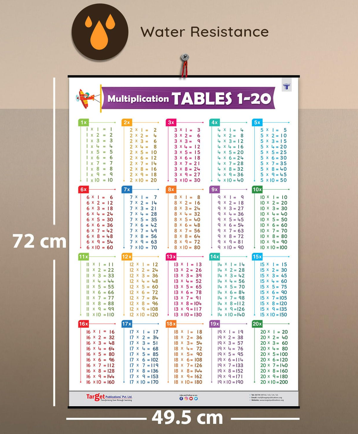 Multiplication Tables Chart 1 to 20 for Kids Age 5+ Years (72 x 49.5 cm) | Maths Tables Educational Poster | Laminated, Water Resistant Wall Chart for School, Home & Classroom Learning