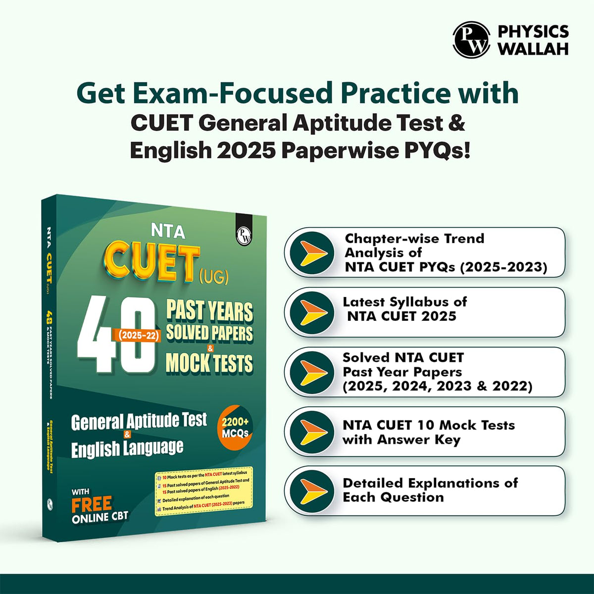 PW CUET UG Entrance Exam Books 2026 –GT & English Language | 40 Past Years Solved Papers (2025–2022) | 2200+ MCQs Question Bank | CUET UG Previous Year Papers | Mock Tests | Latest NTA Pattern
