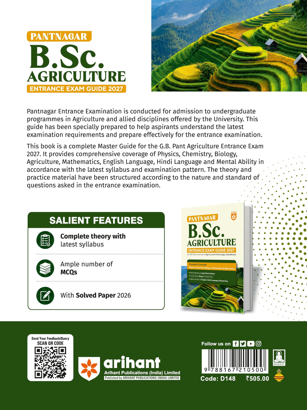 Arihant Pantnagar B.Sc. Agriculture Entrance Exam Guide 2027 | For G.B. Pant University of Agriculture & Technology Uttarakhand | Physics, Chemistry, Biology, Mathematics & Agriculture