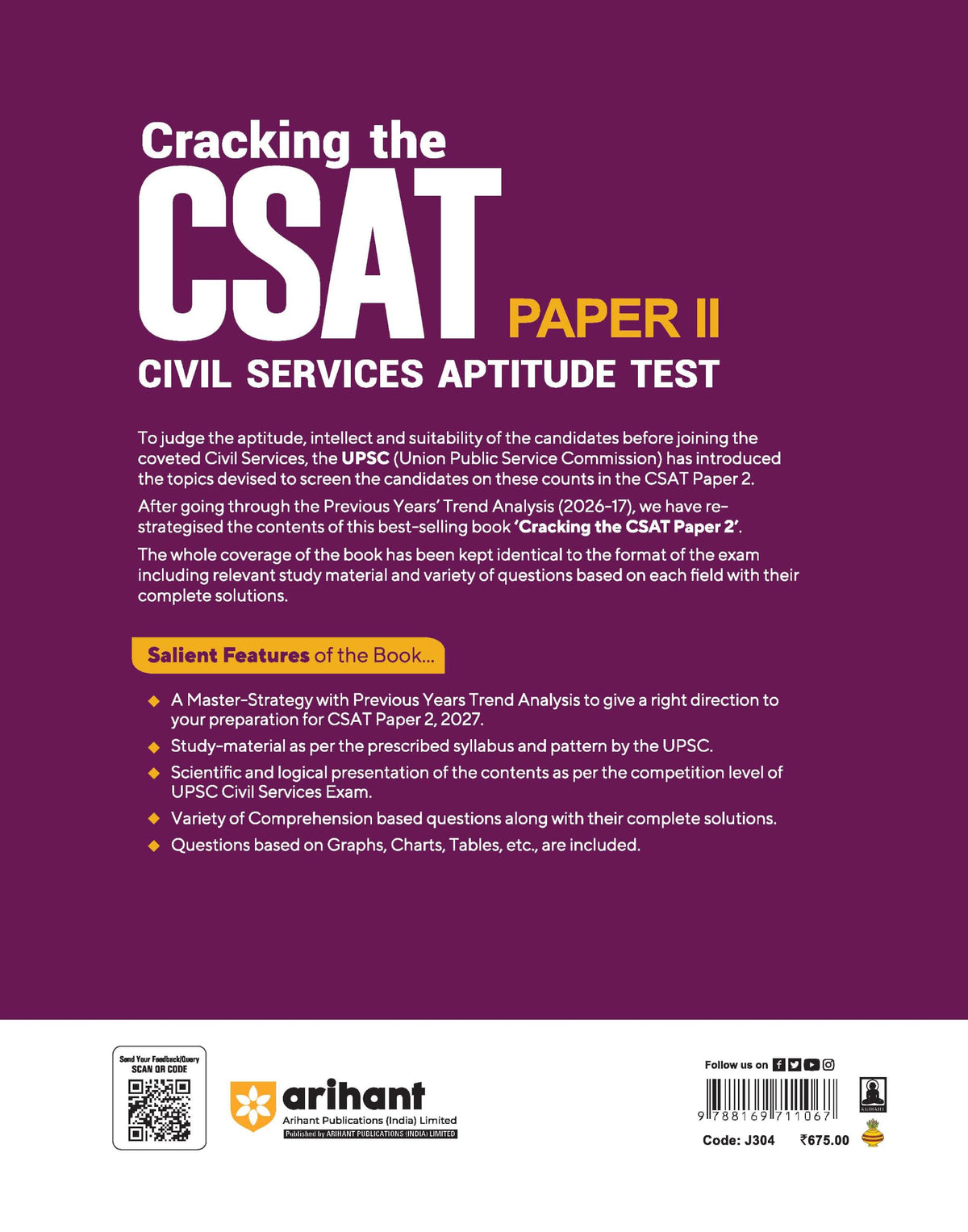 Arihant Cracking the CSAT Paper II 2027 | UPSC Civil Services Aptitude Test | Complete CSAT Syllabus Coverage with Latest Questions, Trends & Strategy | Solved Papers (2026–2025) & 10 Crack Sets