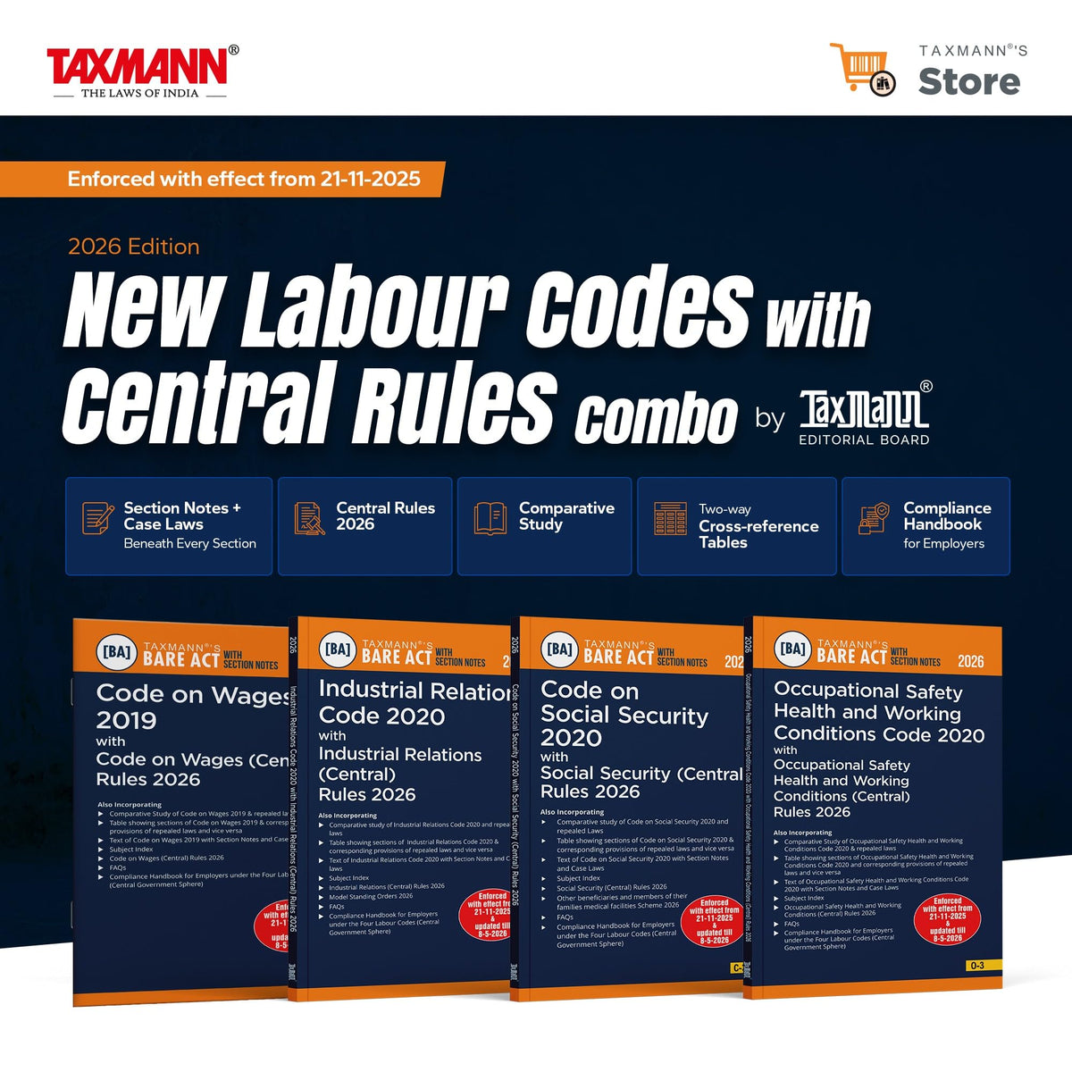 Taxmann's New Labour Codes with Central Rules COMBO [Bare Acts with Section Notes | 2026 Edition] – Code on Wages | IR | Social Security | OSHWC | 4 Books—with Case Laws | Comparative Studies | Others